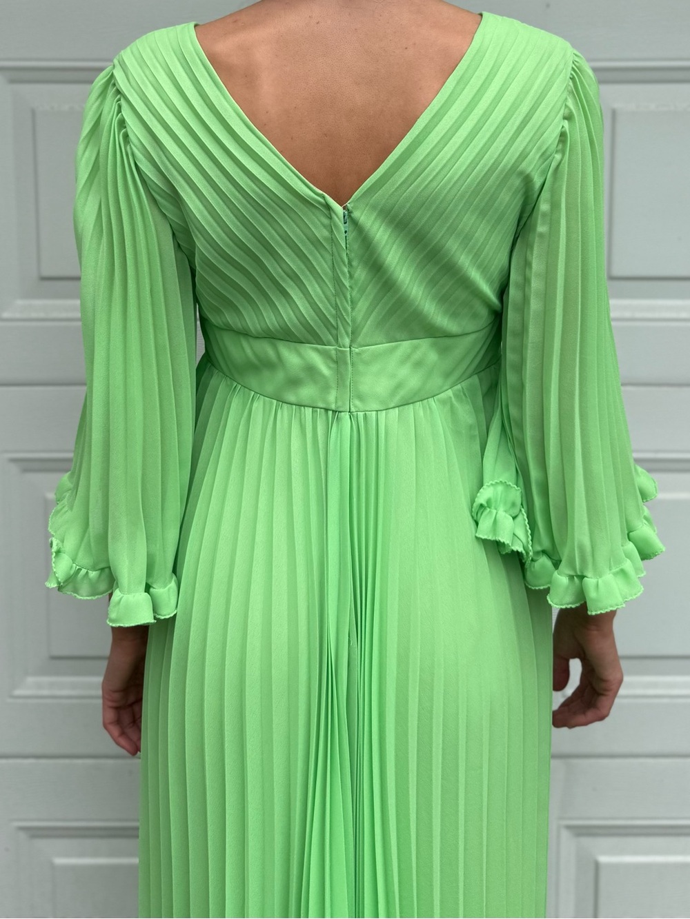 Vintage Crystal Pleated V‑Neck Maxi Dress Bright Green Bell Sleeves Rhinestones - Picture 10 of 10